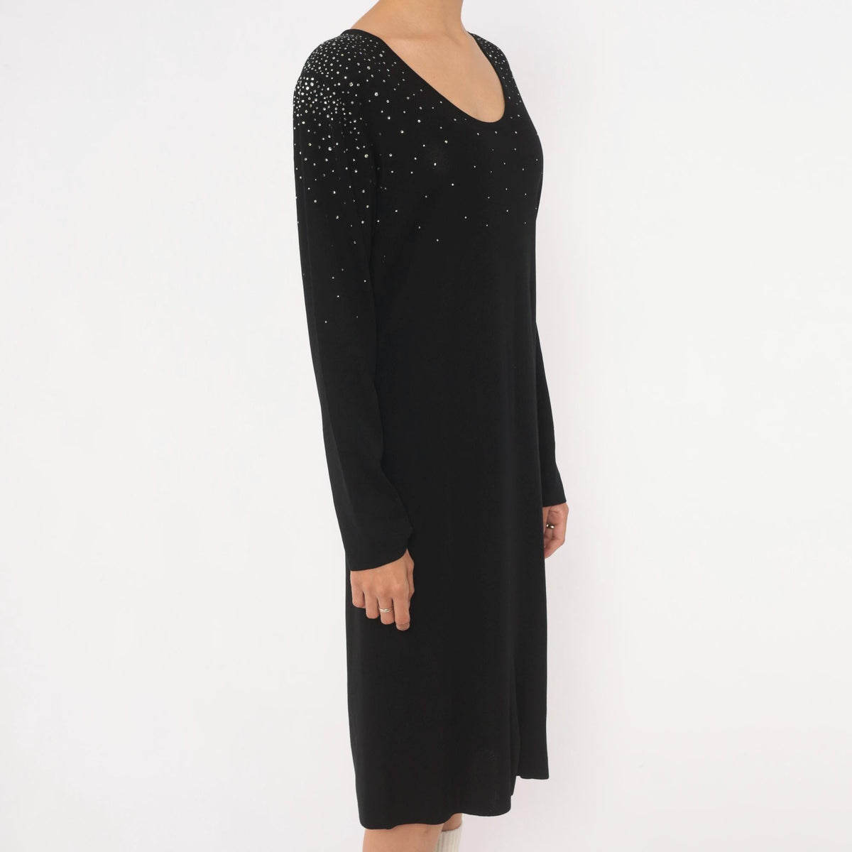 90s Misook Black Rhinestone Knit Dress Long Sleeve Shift Small S