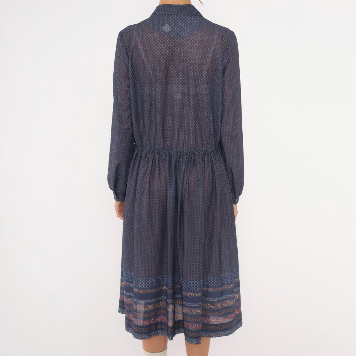70s Navy Diamond Print Drop Waist Dress Collared Button Front Medium