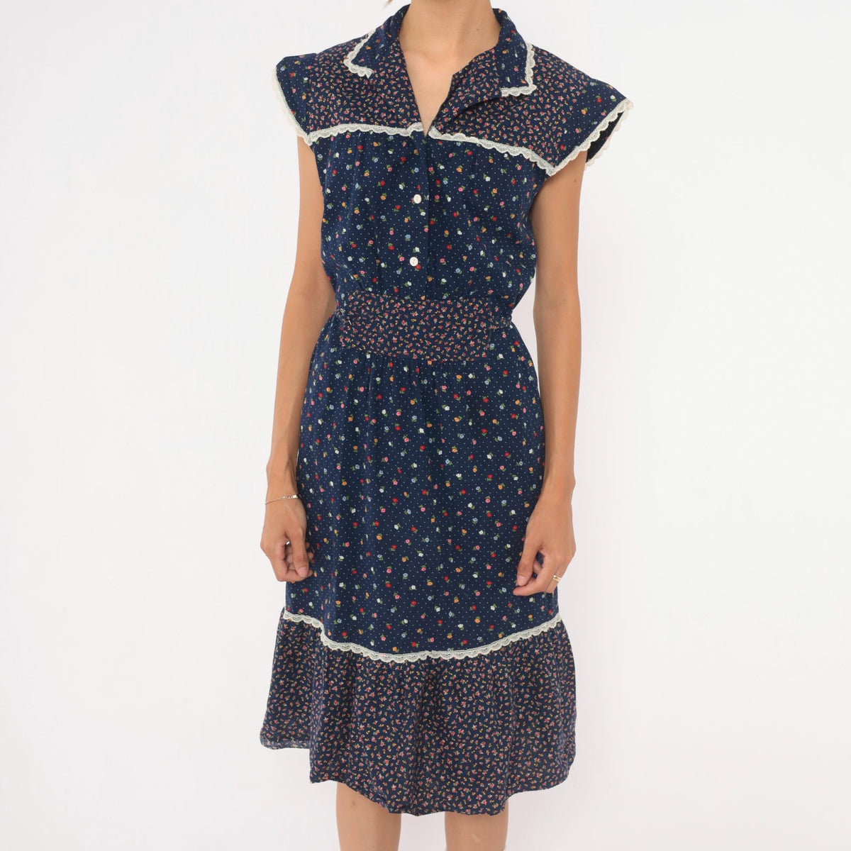 70s Navy Floral Calico Prairie Dress Cotton Cap Sleeve Button Front Small
