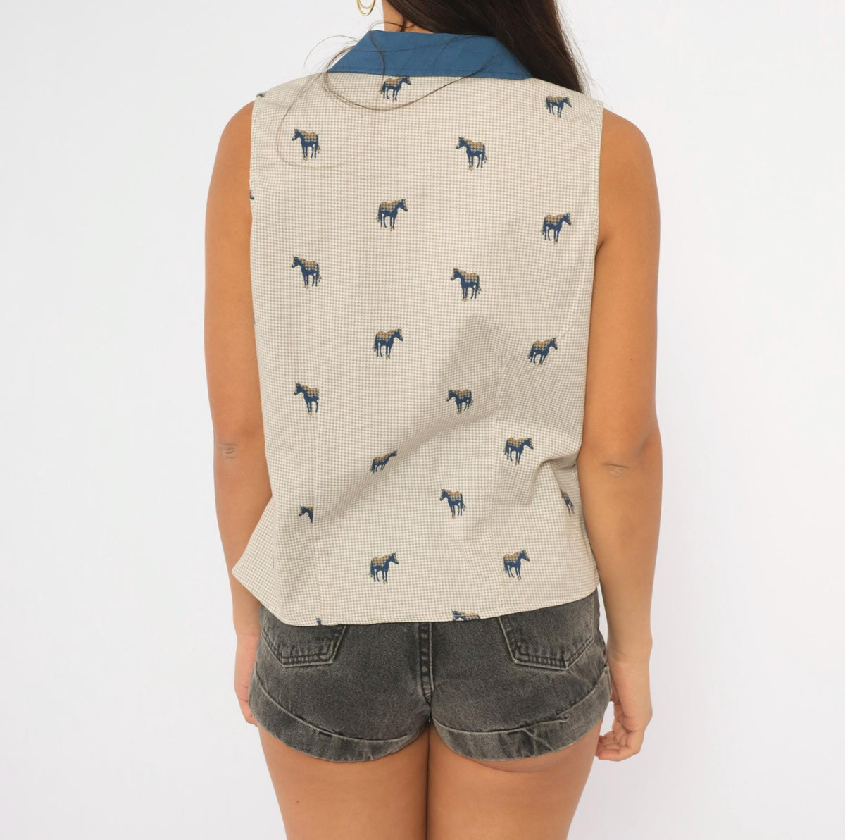 90s Five Star Horse Print Sleeveless Blouse Beige Cobalt Collar Small