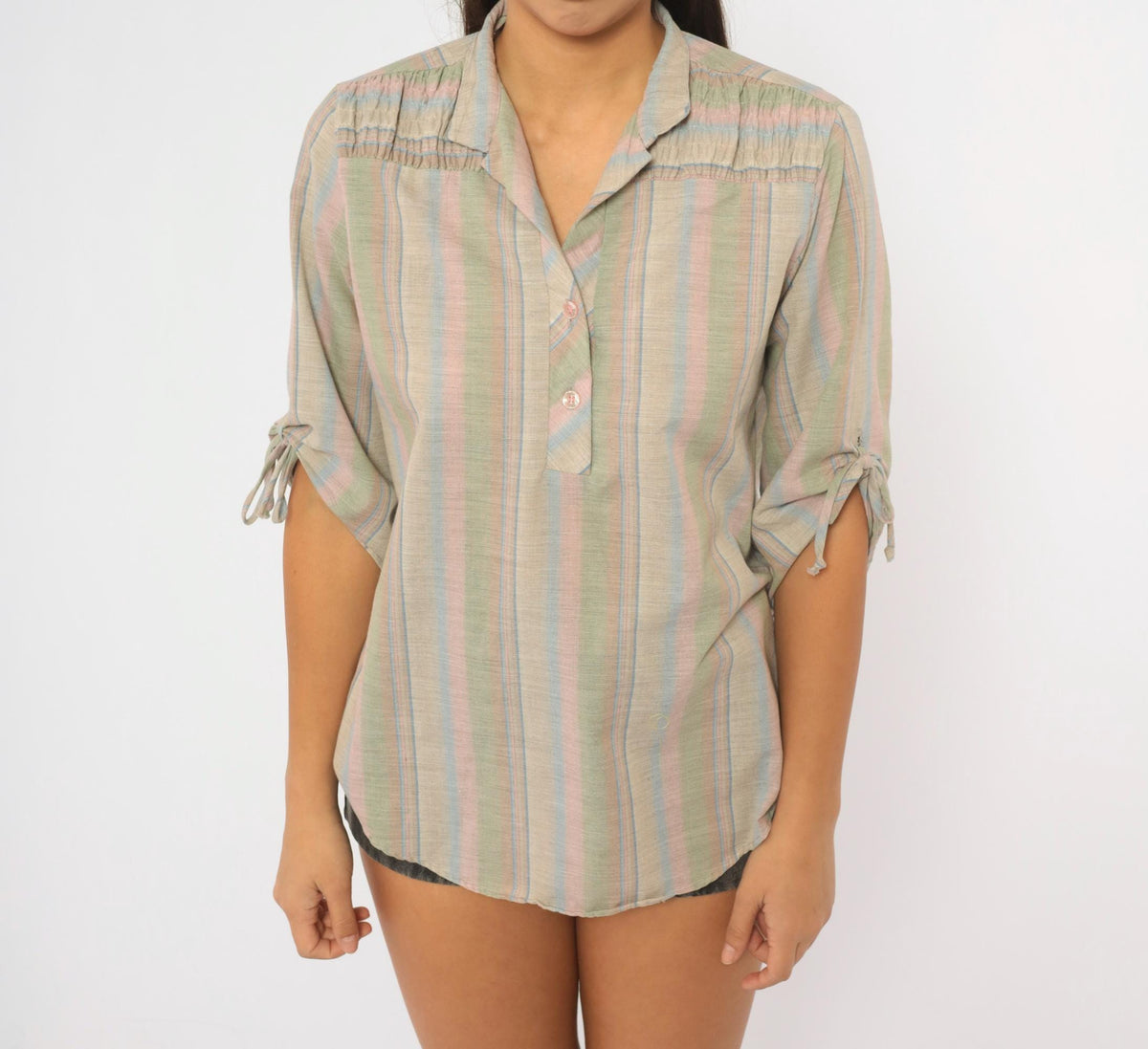 80s Caribou Pastel Striped Cotton Blouse Tie Sleeve Collared V Neck Large L