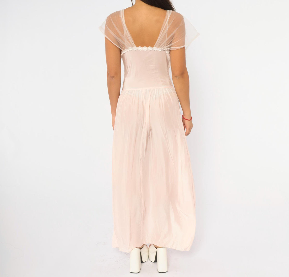 1940s Pink Tulle Nightgown Lace Trim Maxi Slip Dress Cap Sleeve Small