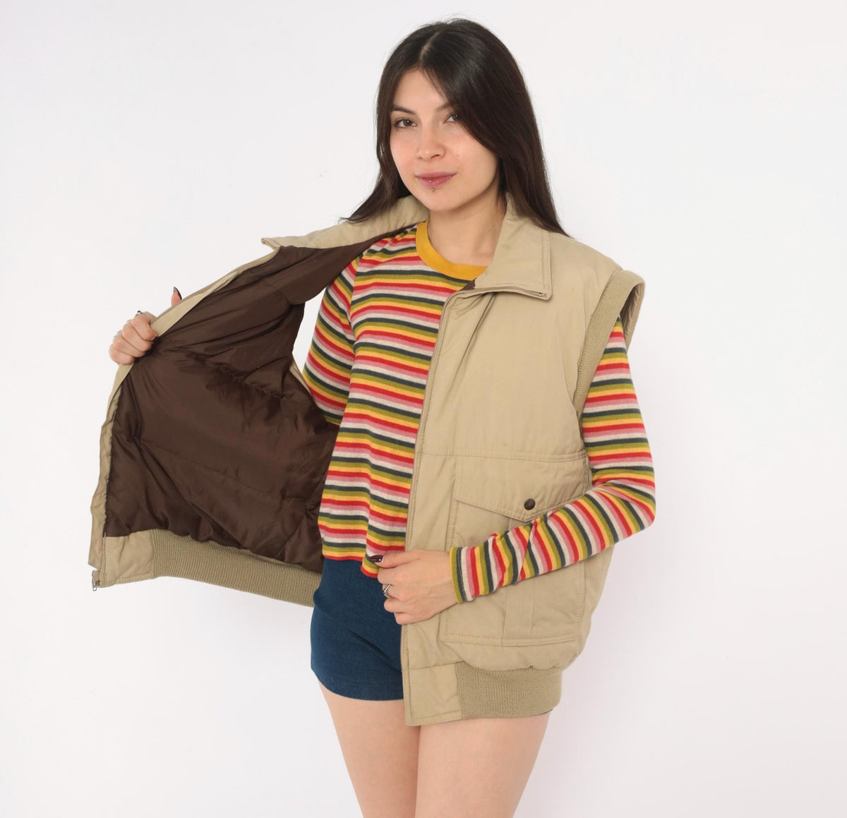 70s Natural High Down Bomber Jacket Convertible Zip-Off Sleeves Tan Medium