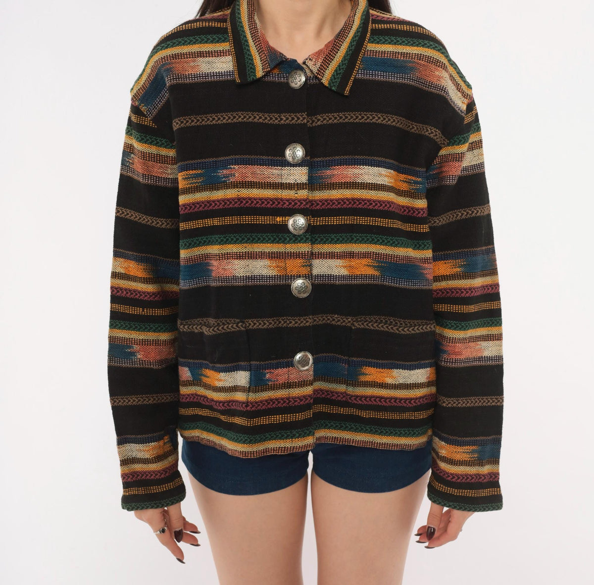 90s TanTrums Southwestern Woven Jacket Black Tapestry Concho Button Medium