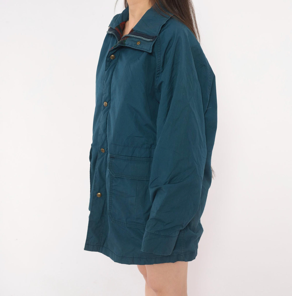 80s Woolrich Navy Barn Jacket Plaid Flannel Lined Raglan Medium