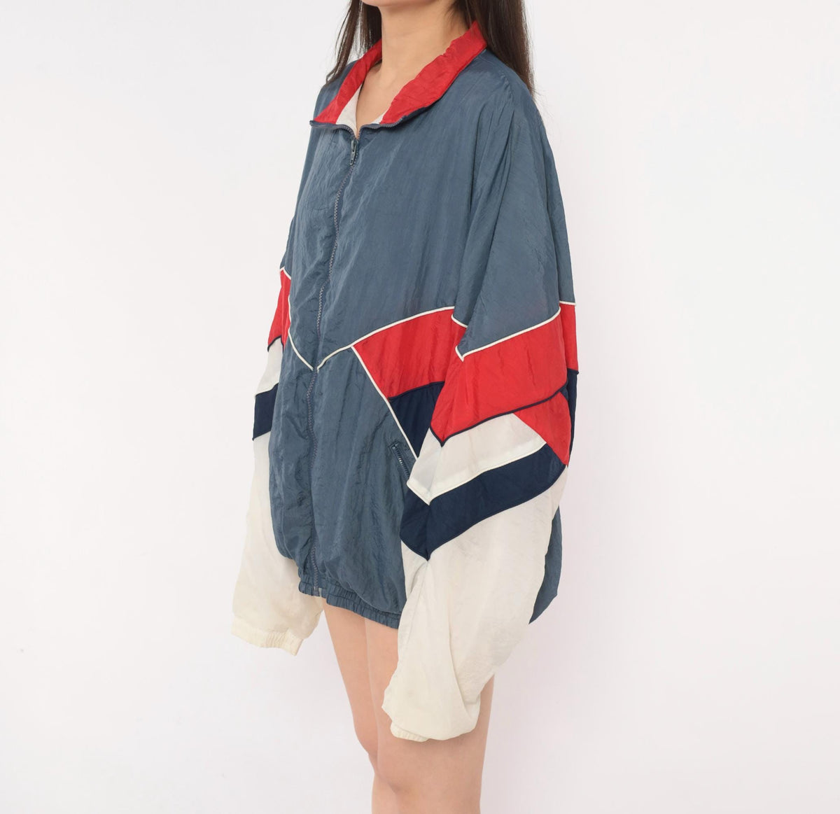 90s Avait Sportif Windbreaker Jacket Colour Block Chevron Blue Navy Cream Extra Large