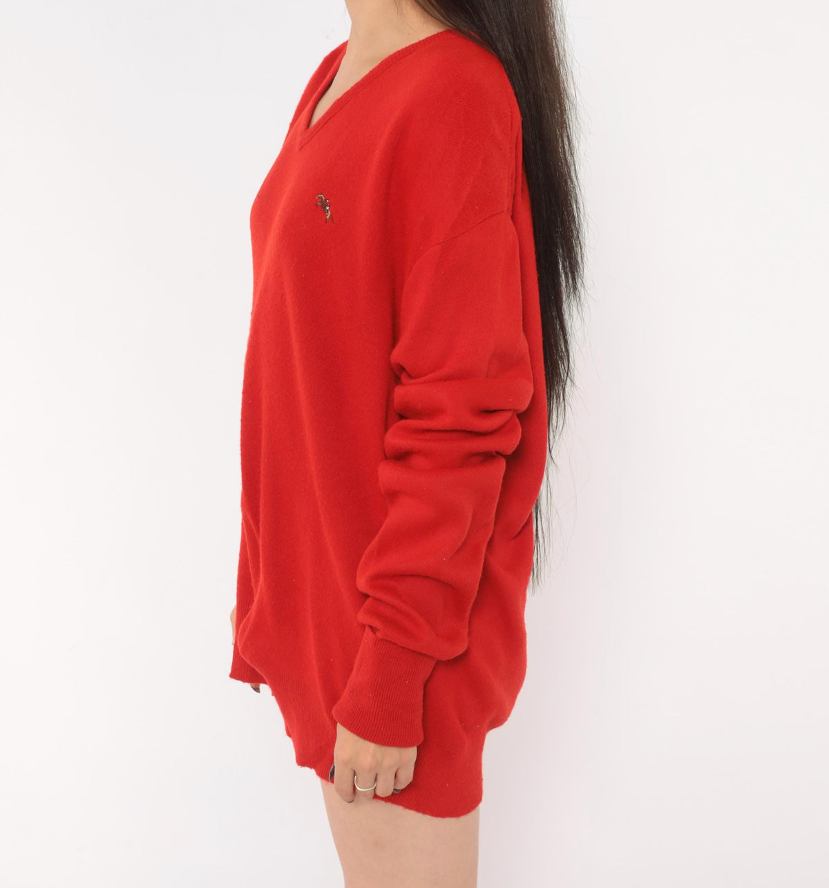 80s Steeplechase Red V-Neck Sweater Embroidered Horse Equestrian Knit Large