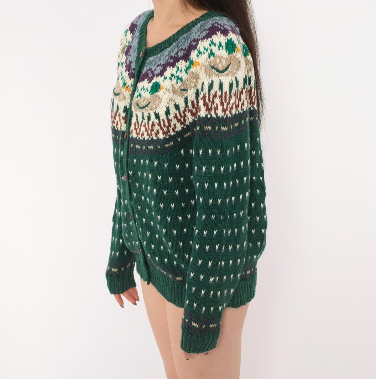 90s Northern Isles Fair Isle Cardigan Mallard Duck Forest Green Medium