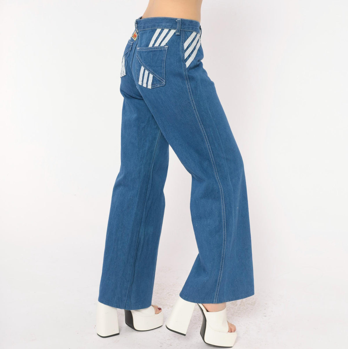 70s Viceroy Sportswear Bell Bottom Jeans Blue Denim White Stripe Medium