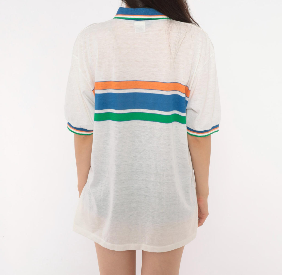 80s Robert Bruce Striped Polo Shirt White Blue Orange Green Extra Large