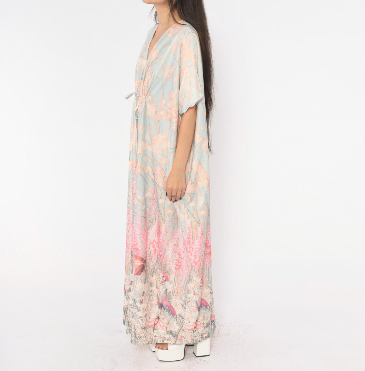 70s T.V. Sangers Crane Bird Caftan Maxi Dress Blue Pink Floral Large