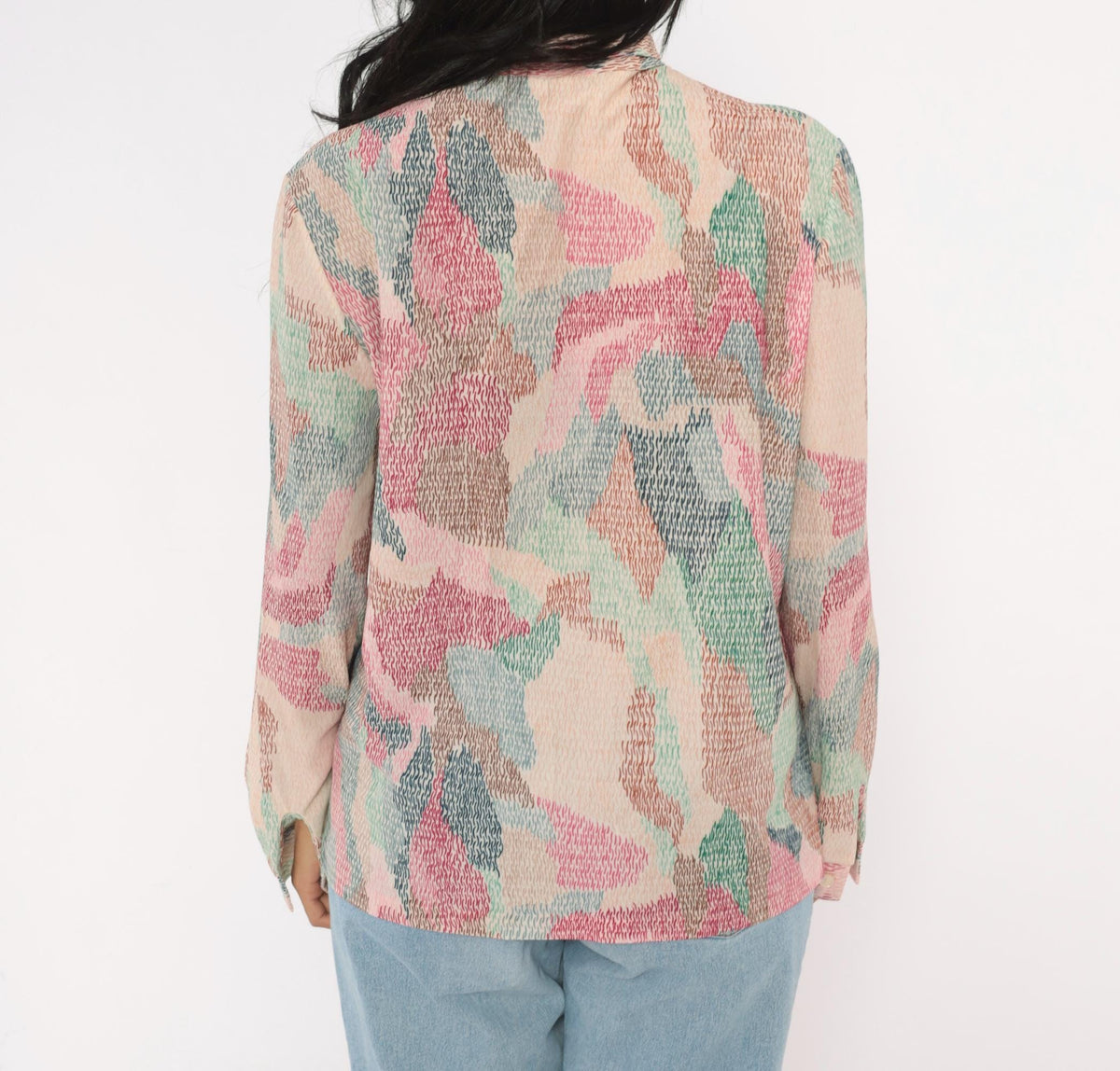 70s Devon Abstract Print Blouse Pink Bow Tie Neck Button Front Medium