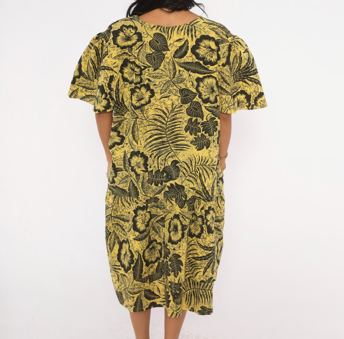 80s Yellow Black Hibiscus Tropical Floral Cotton Dress Flutter Sleeve Extra Large