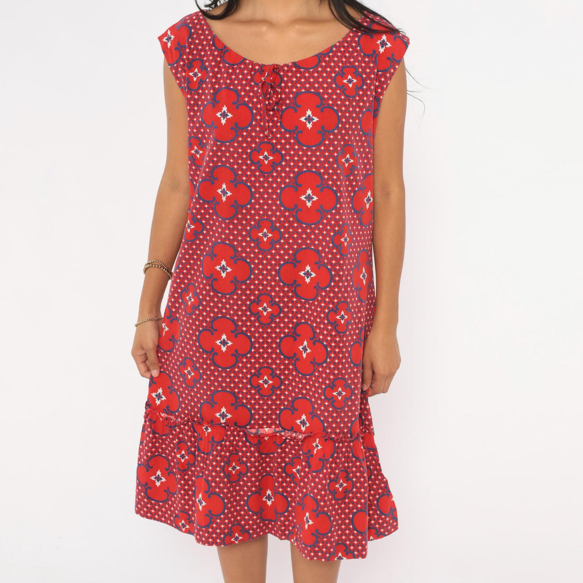 80s Red Floral Cotton Sundress Cobalt Geometric Print Drop Waist Cap Sleeve Large