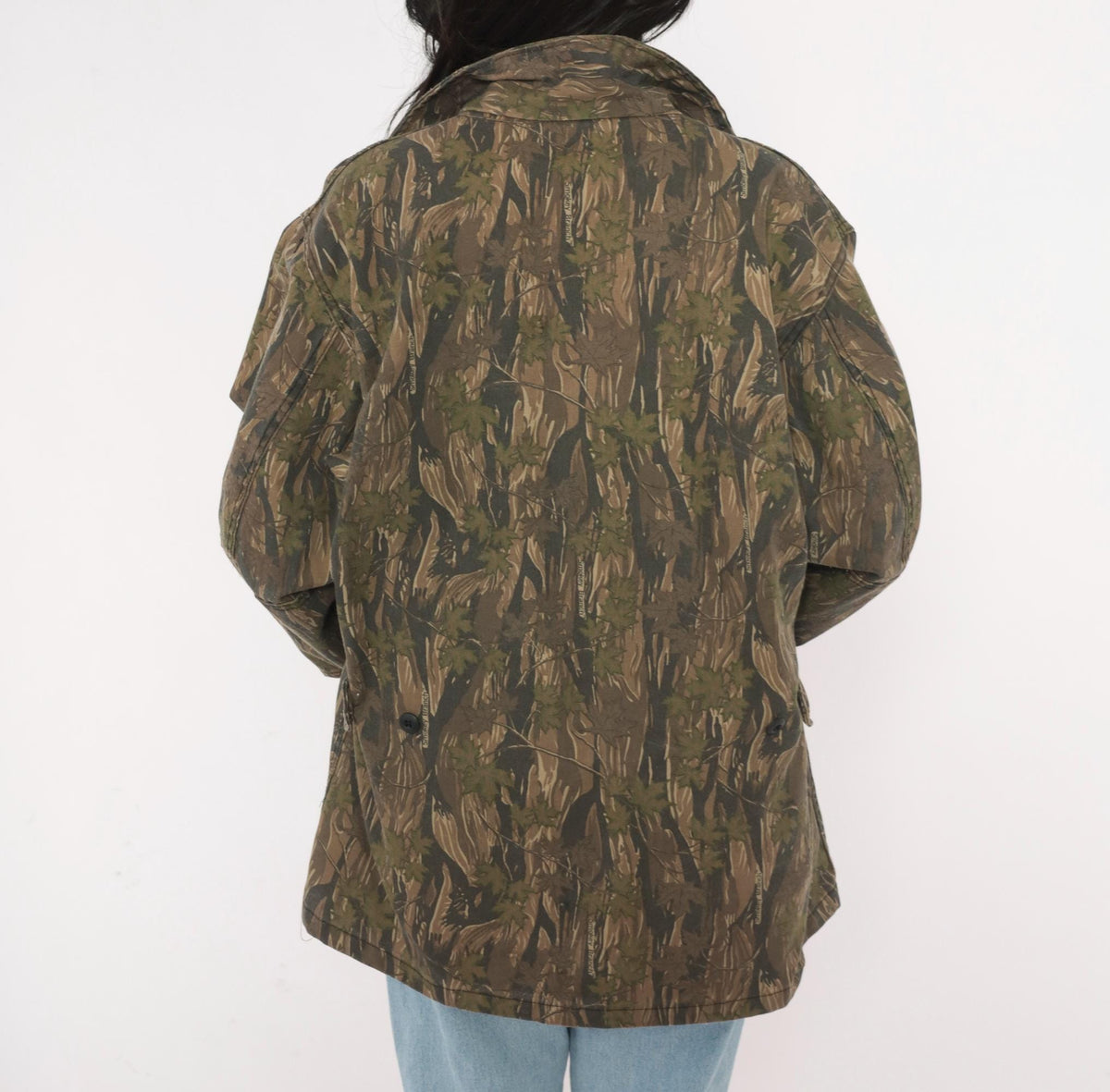 90s Camo Shirt Jacket Olive Brown Tree Leaf Print Button Front Cotton Large L