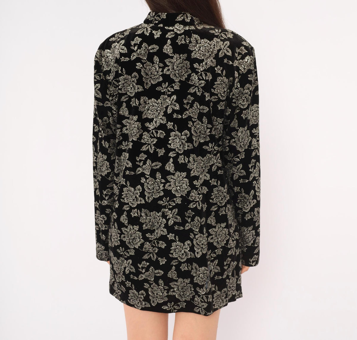 90s Black Velvet Jacket Silver Glitter Floral Mandarin Collar Large L