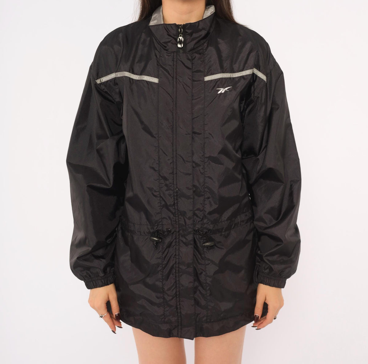 90s Reebok Windbreaker Jacket Black Grey Reflective Stripe Medium M