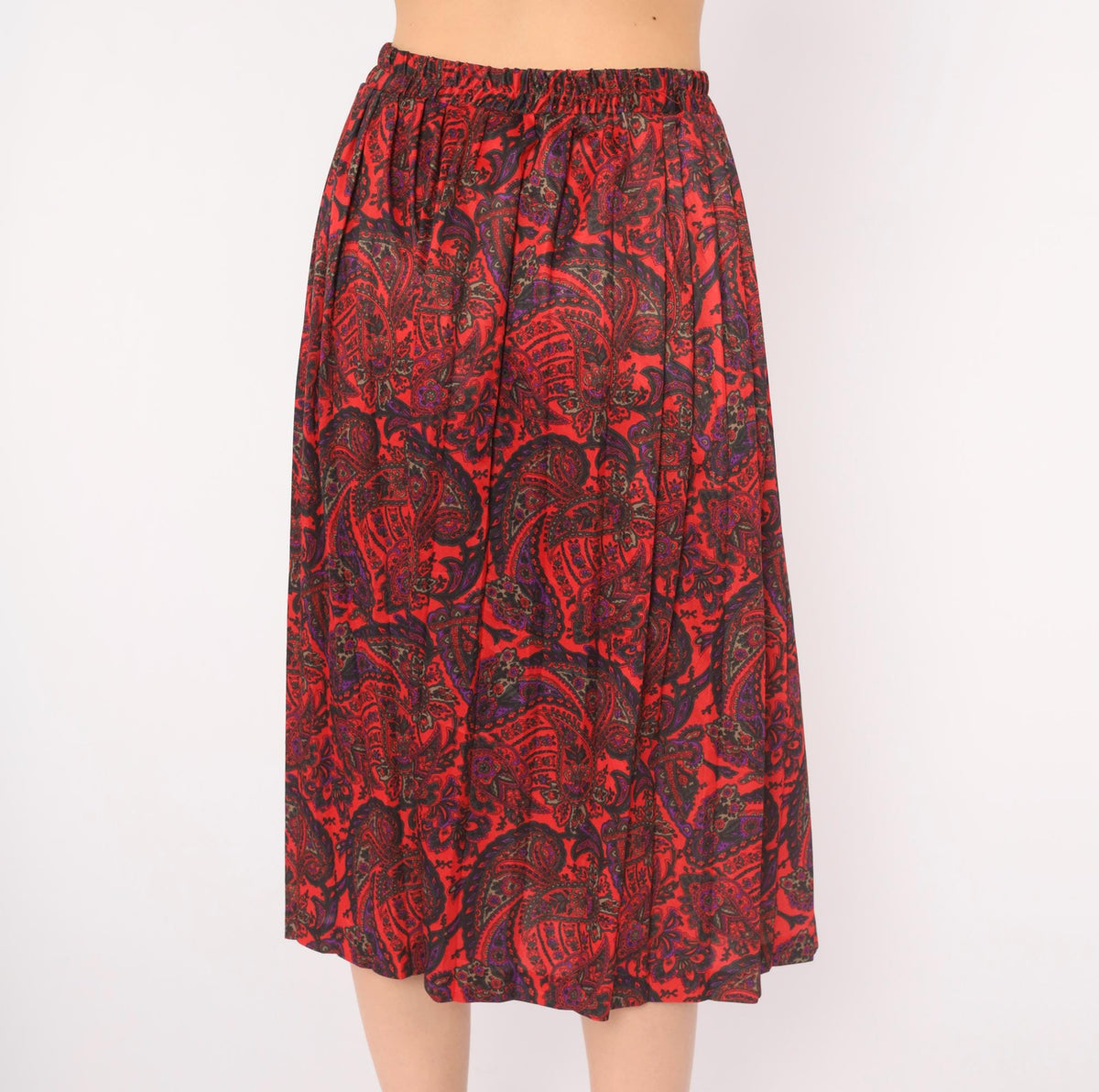 90s Paisley A-Line Skirt Red Black Purple Print Elastic Waist Large L