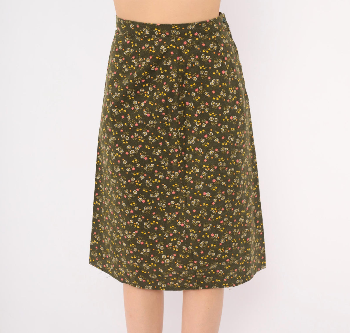 70s Olive Green Ditsy Floral A-Line Skirt High Waist Prairie Extra Small XS