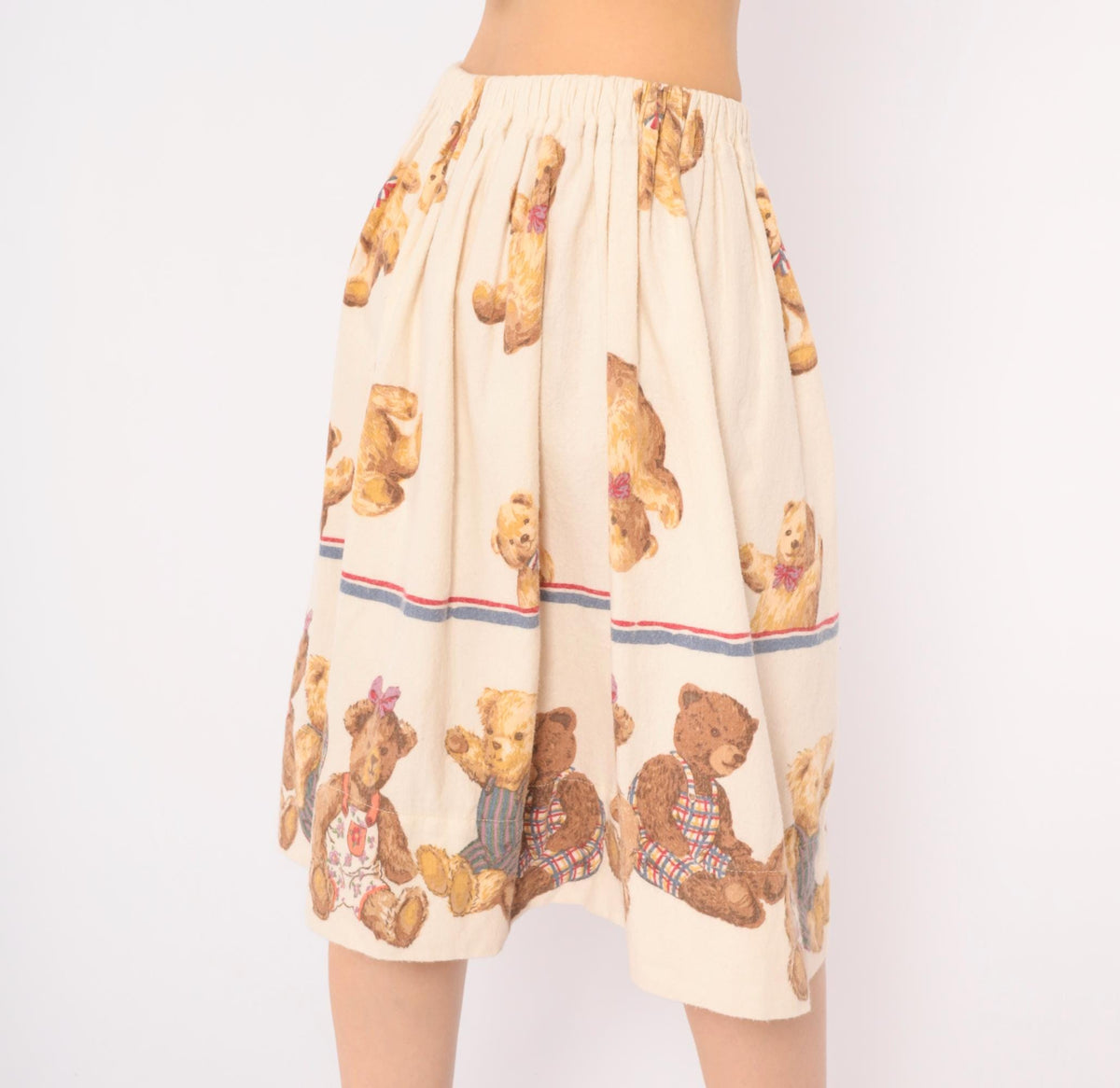 80s Teddy Bear Print Cotton Flannel Skirt Cream A-Line Medium
