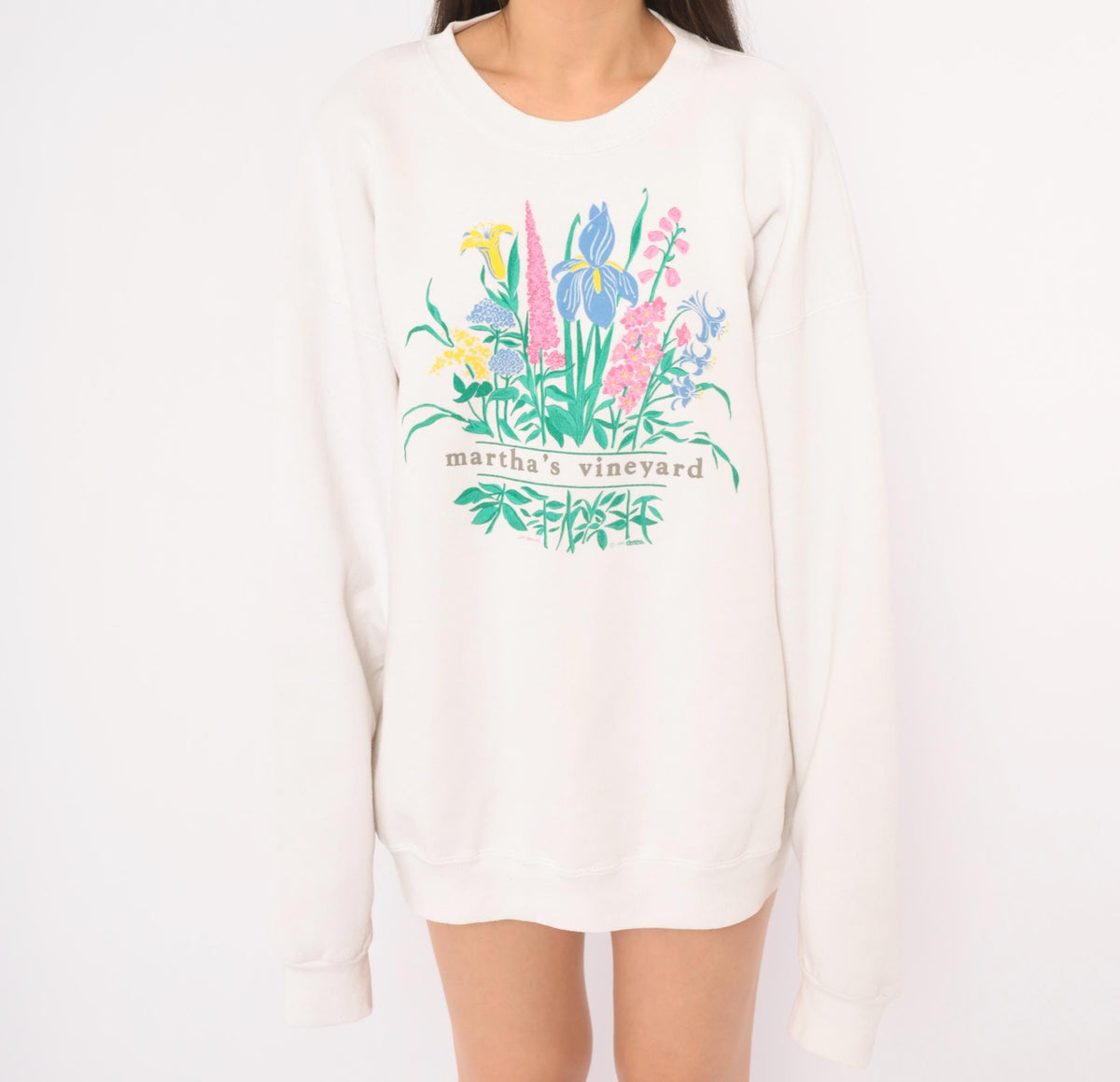 90s Lee Martha's Vineyard Floral Sweatshirt White Wildflower Graphic Large