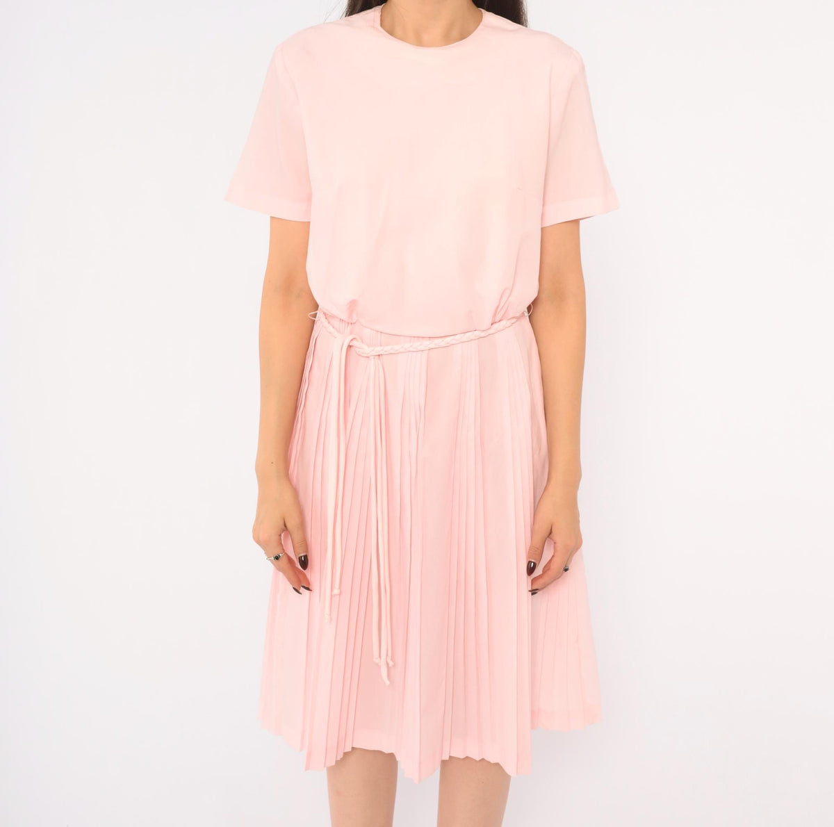 60s Blush Pink Pleated Day Dress Blouson Dropped Waist Crew Neck Small S