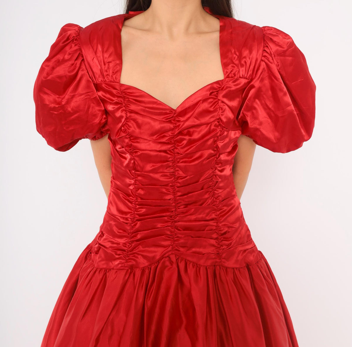 80s Red Prom Dress Sweetheart Neckline Puff Sleeve Open Back Midi Medium