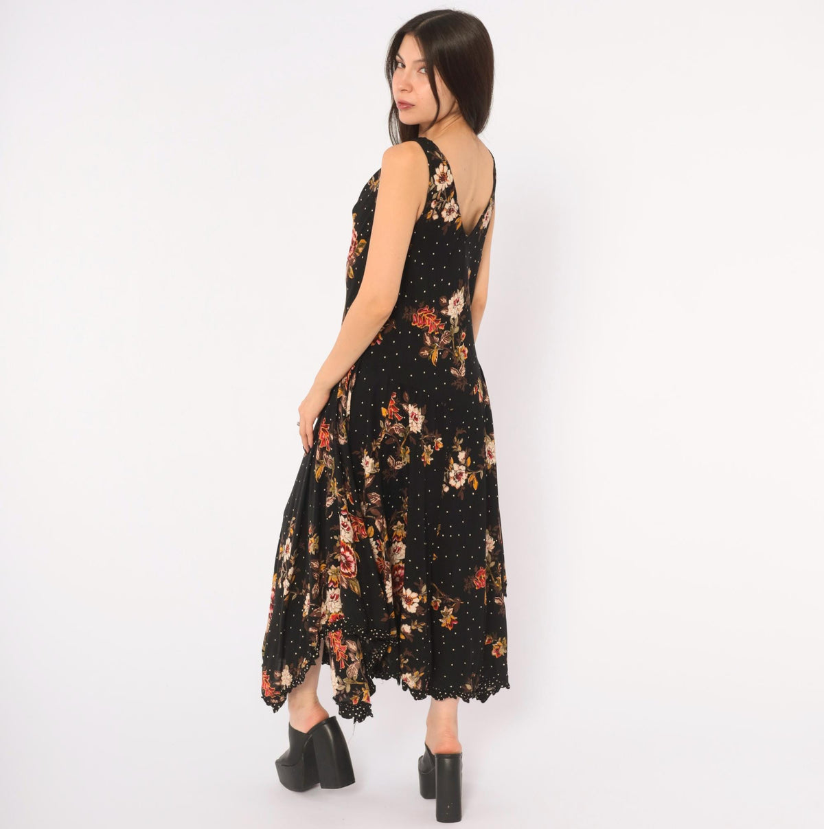 90s Black Floral Midi Dress Cowl Neck Handkerchief Hem Medium M