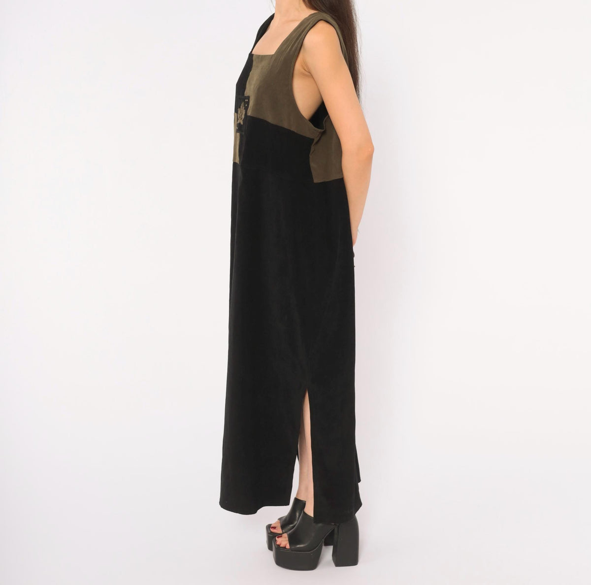 80s Jaclyn Smith Black Olive Color Block Maxi Dress Leaf Applique Extra Large XXL
