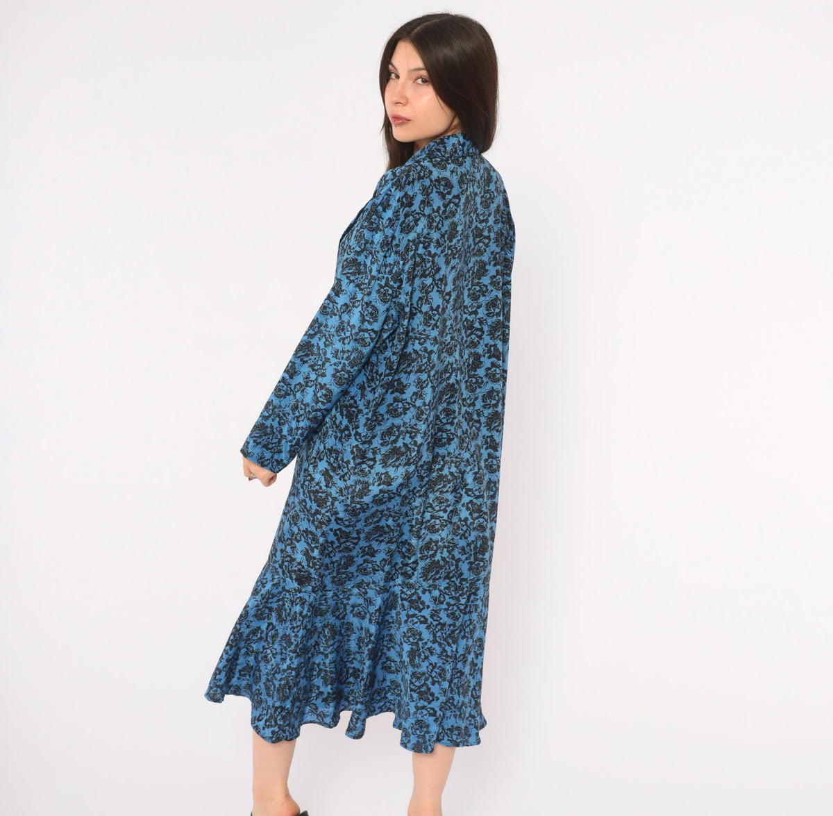 80s Très Paquette Blue Floral Midi Dress Double Breasted V Neck Extra Large