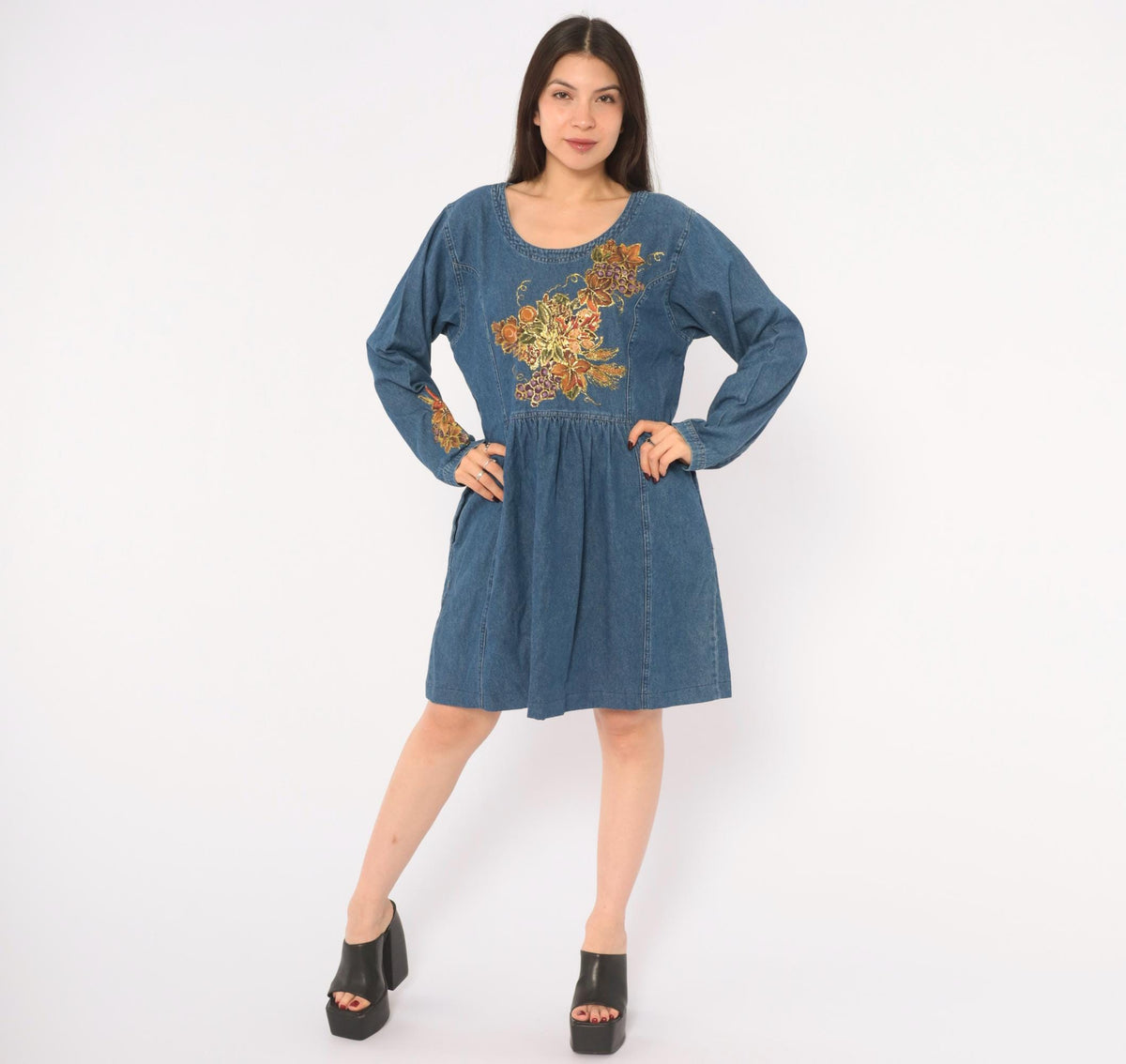 80s Sun Belt Denim Dress Hand Painted Grapes Gold Glitter Blue Cotton Large