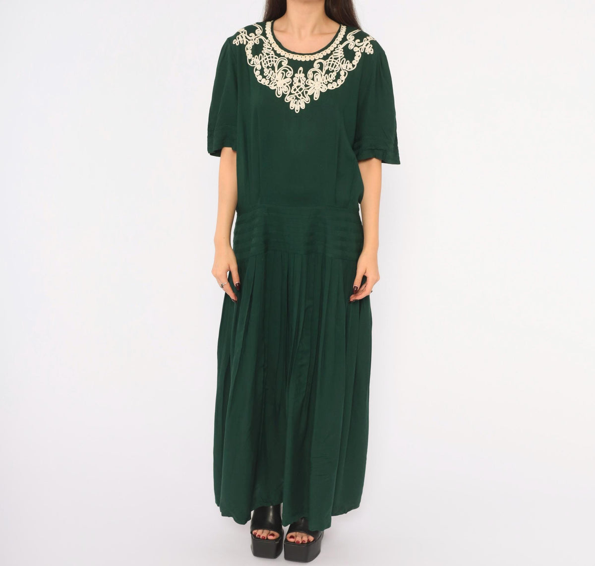 90s Plaza South Forest Green Maxi Dress Embroidered Floral Drop Waist Extra Large