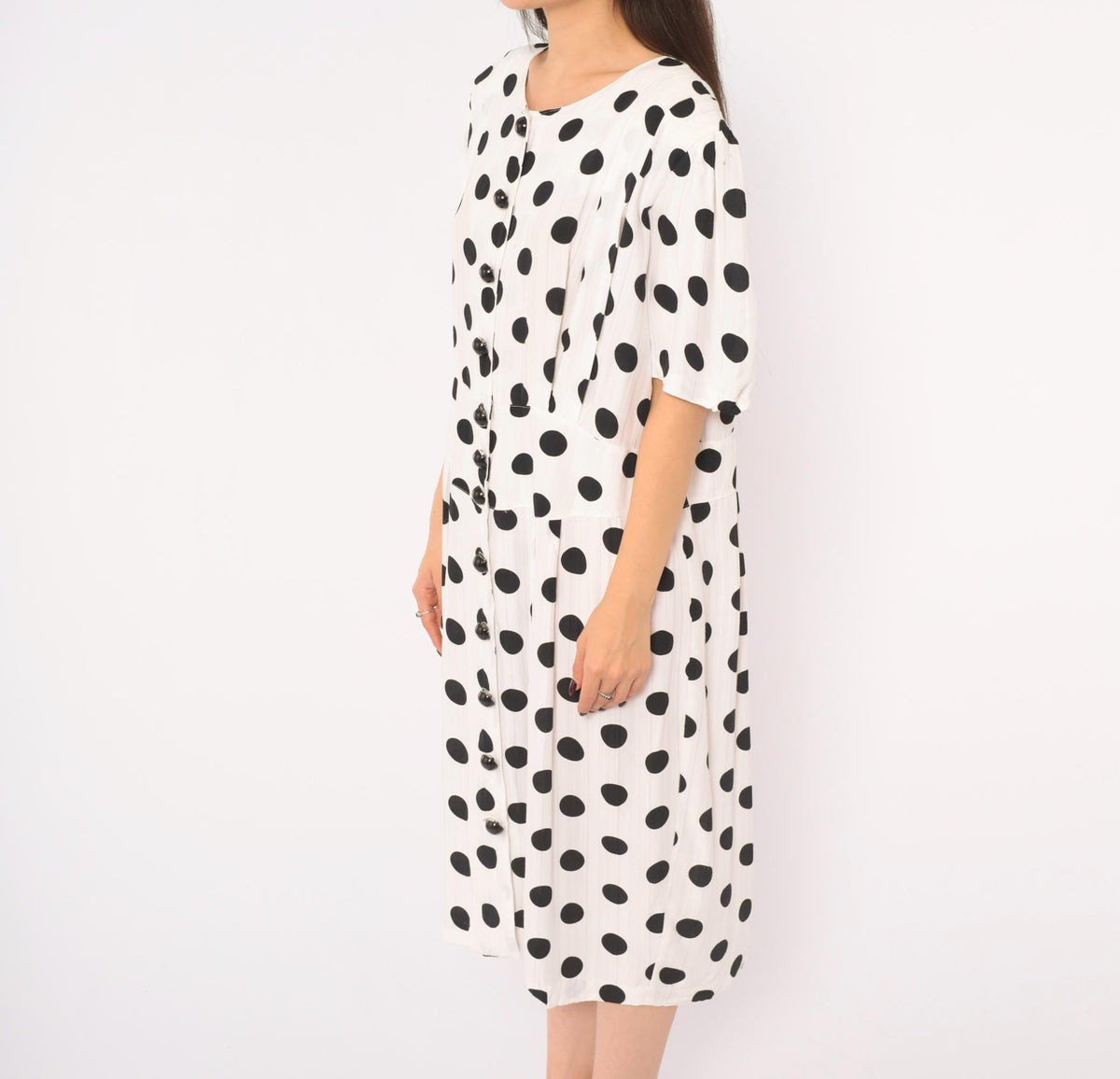 90s Success Dress Polka Dot White Black Button Front Knee Dress Extra Large