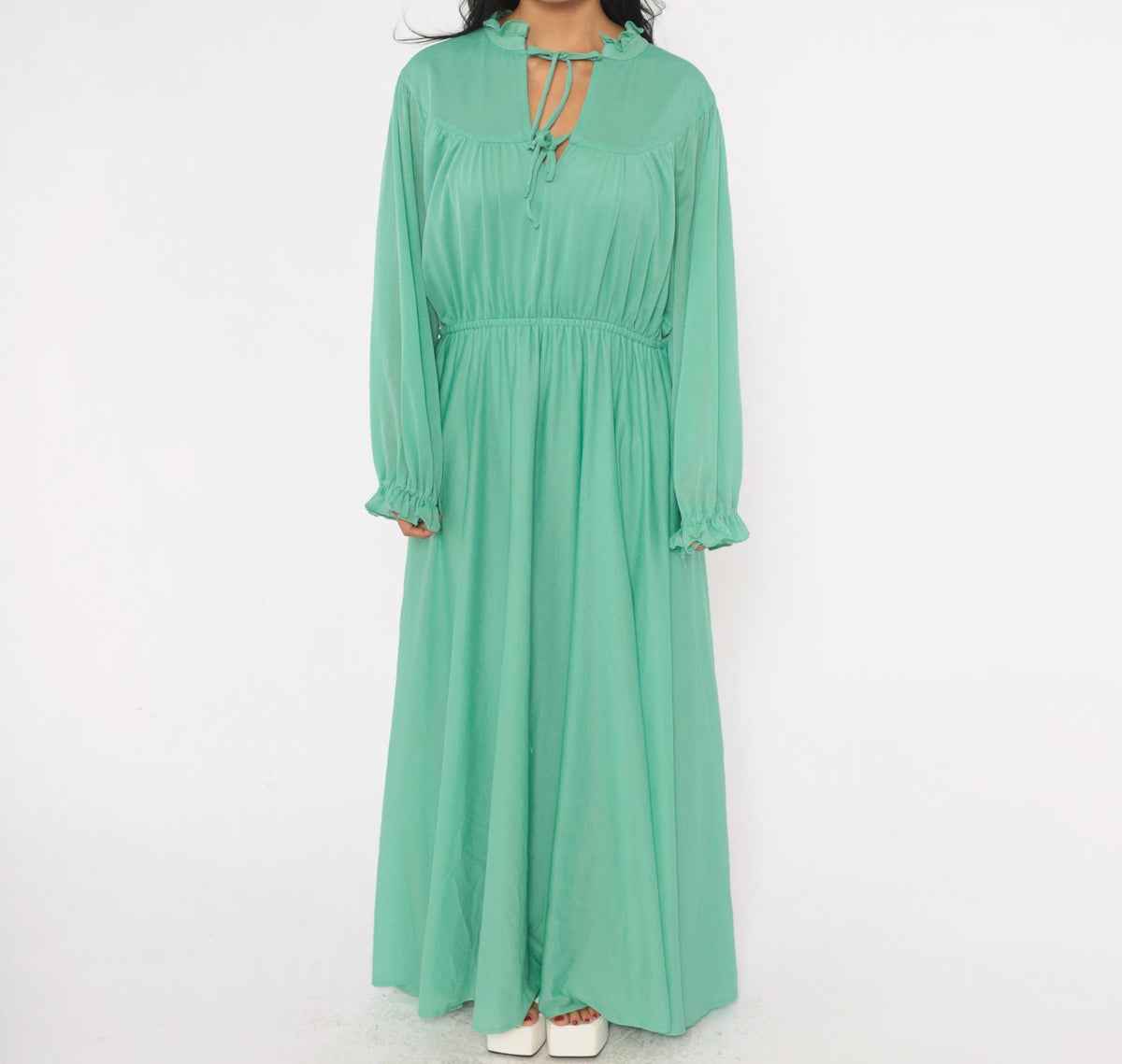 70s Sea Green Maxi Dress Balloon Sleeve Keyhole A-Line Extra Large