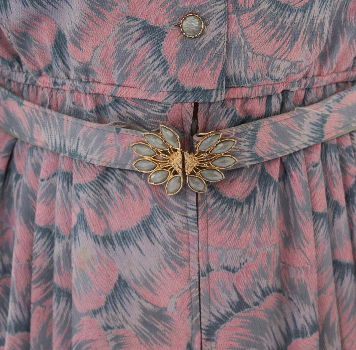 80s Silver Fashion Pink Grey Floral Blouson Dress Button Front Pleated Small S