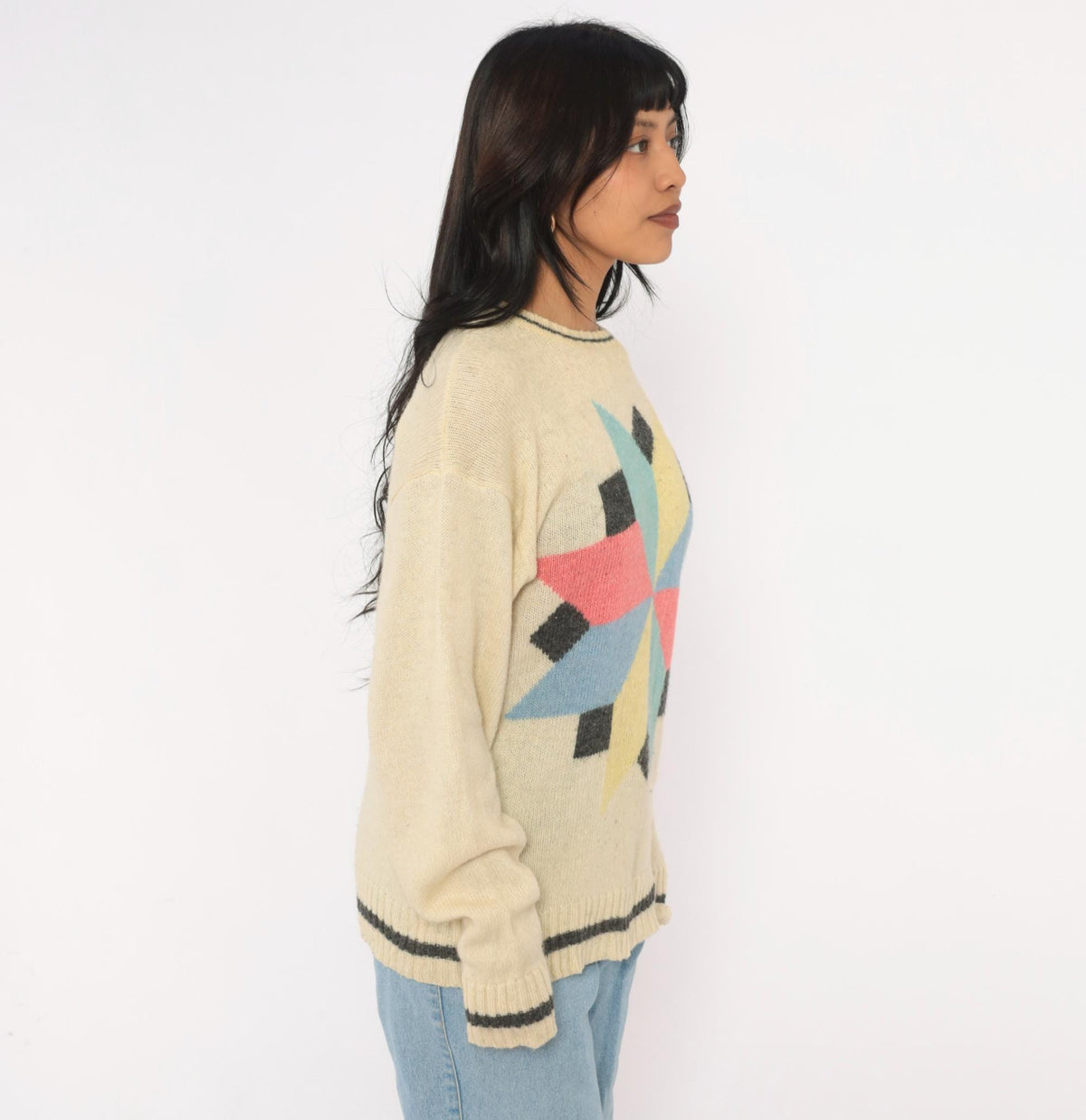 80s Cream Wool Sweater Geometric Star Pattern Knit Pink Blue Yellow Large L