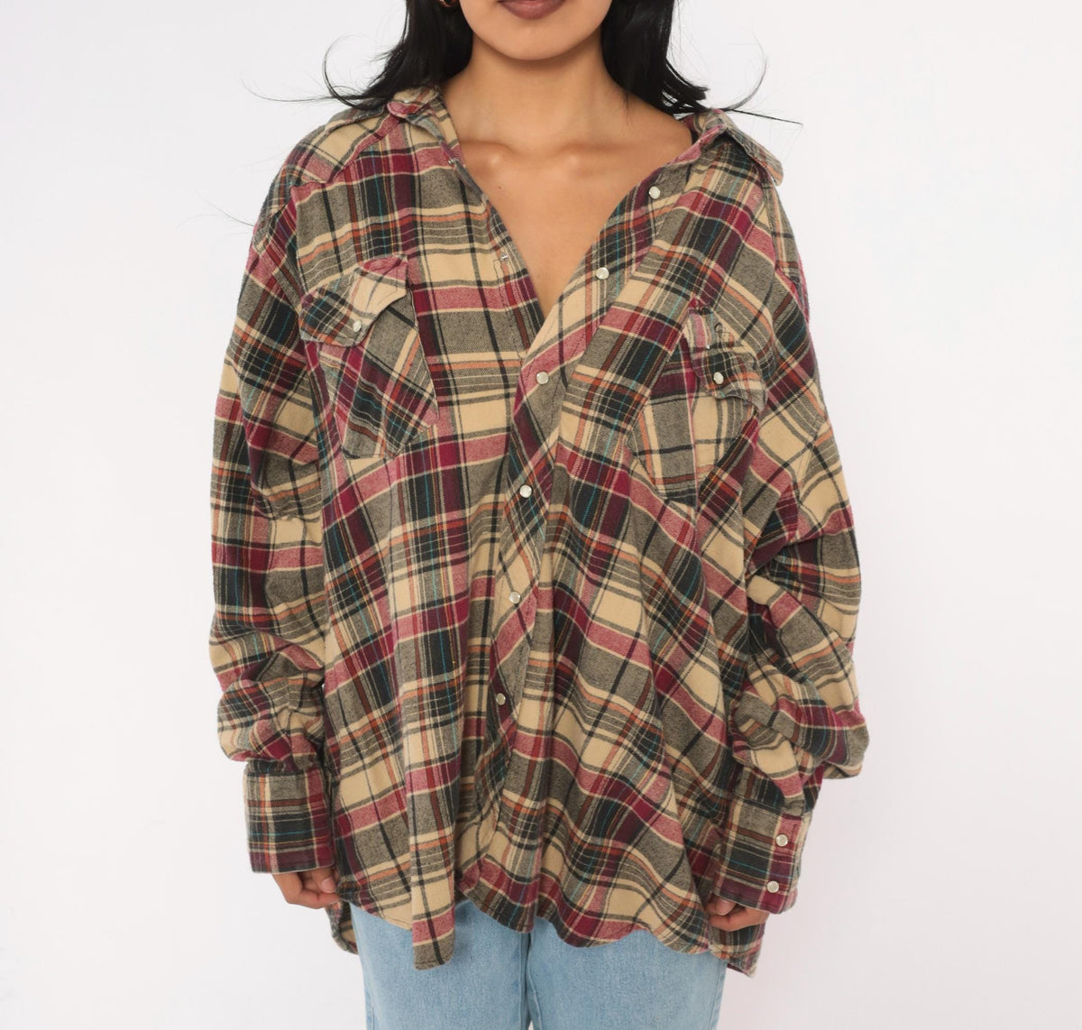 90s Plaid Flannel Shirt Tan Burgundy Pearl Snap Western Yoke Extra Large XXL