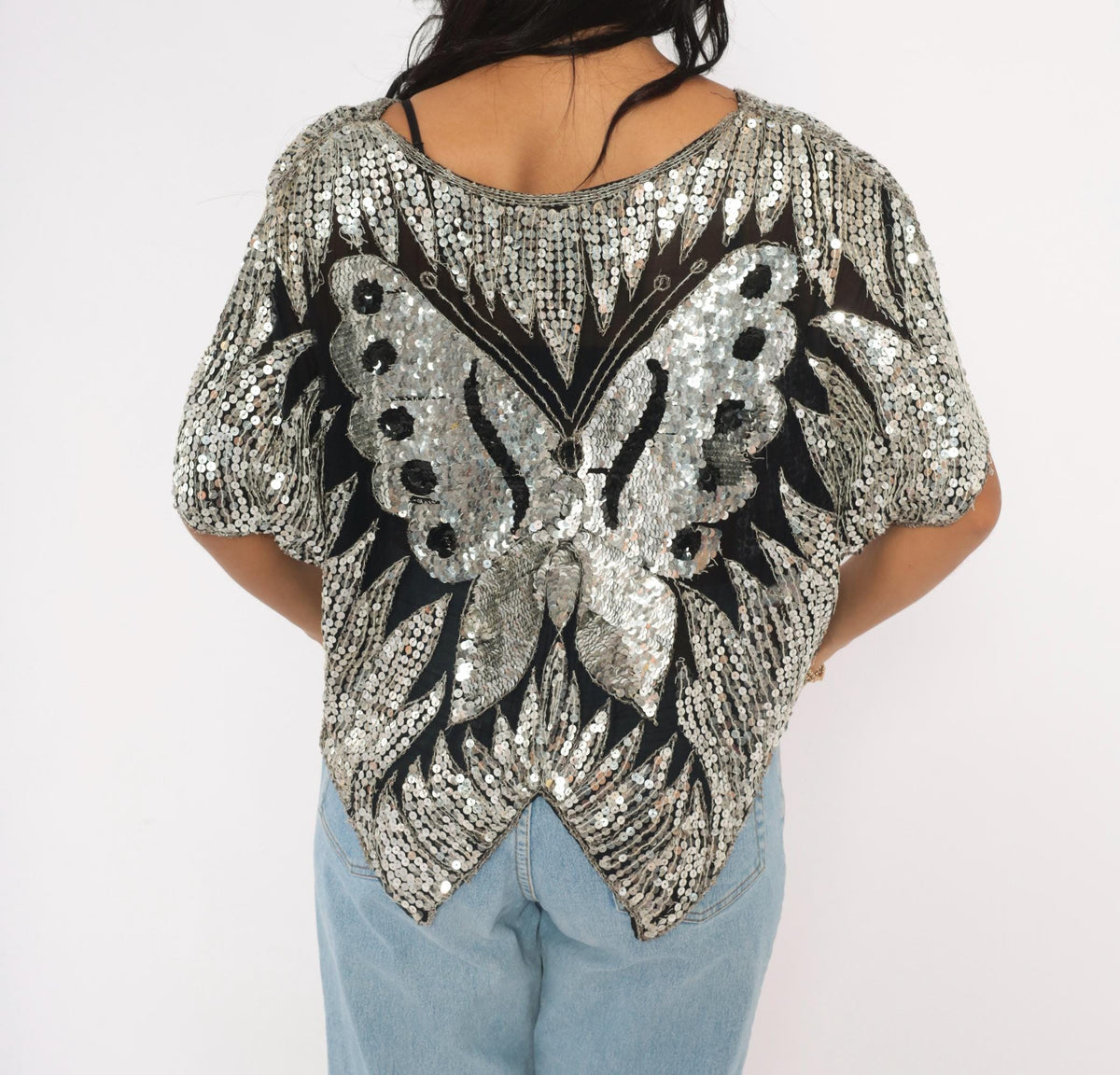 80s Silver Sequin Butterfly Silk Blouse Batwing Sleeve V Neck Medium