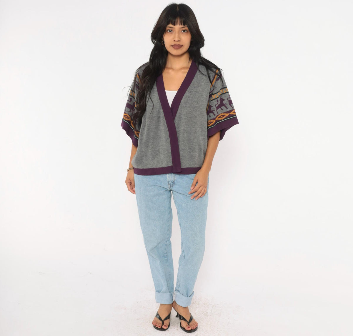 70s Southwestern Cardigan Gray Llama Alpaca Knit Kimono Sleeve Small Medium