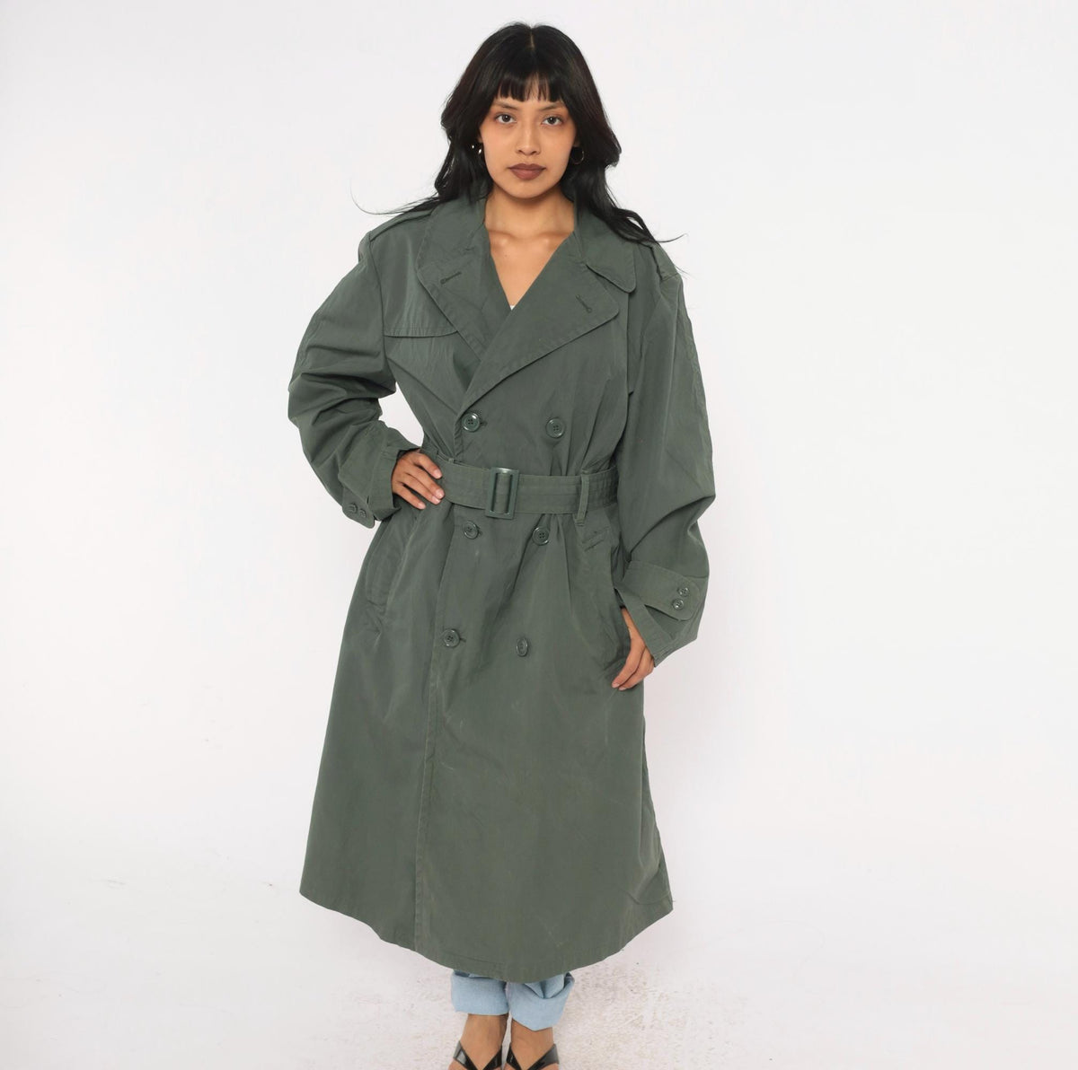 90s Military Trench Coat Grey Olive Double Breasted Long Jacket Medium