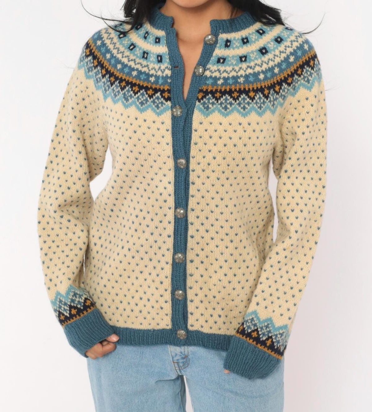 70s Norsk Husflid Fair Isle Wool Cardigan Blue Cream Nordic Knit Small