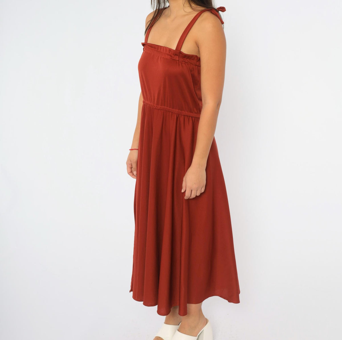 70s Rust Red Midi Dress Tie Shoulder Sleeveless A-Line Full Skirt Small