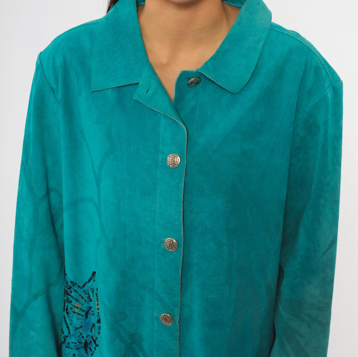 90s Chicos Turquoise Suede Jacket Beaded Butterfly Painted Back Large L