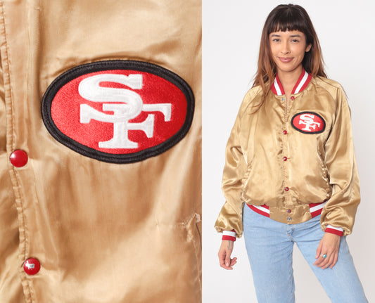 90s San Francisco 49ers Bomber Jacket Gold Satin Varsity NFL Football Sports Team Striped Trim Red White Athletic Streetwear Large L