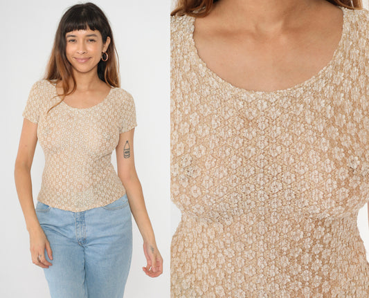 90s Tight Gold Lace Top M