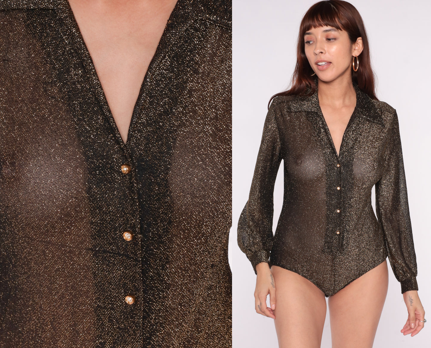 70s Disco Bodysuit Metallic Black Gold Sheer Long Sleeve Collared Club Party Sparkle Shimmer Vintage Glam Going Out Night Top Medium M