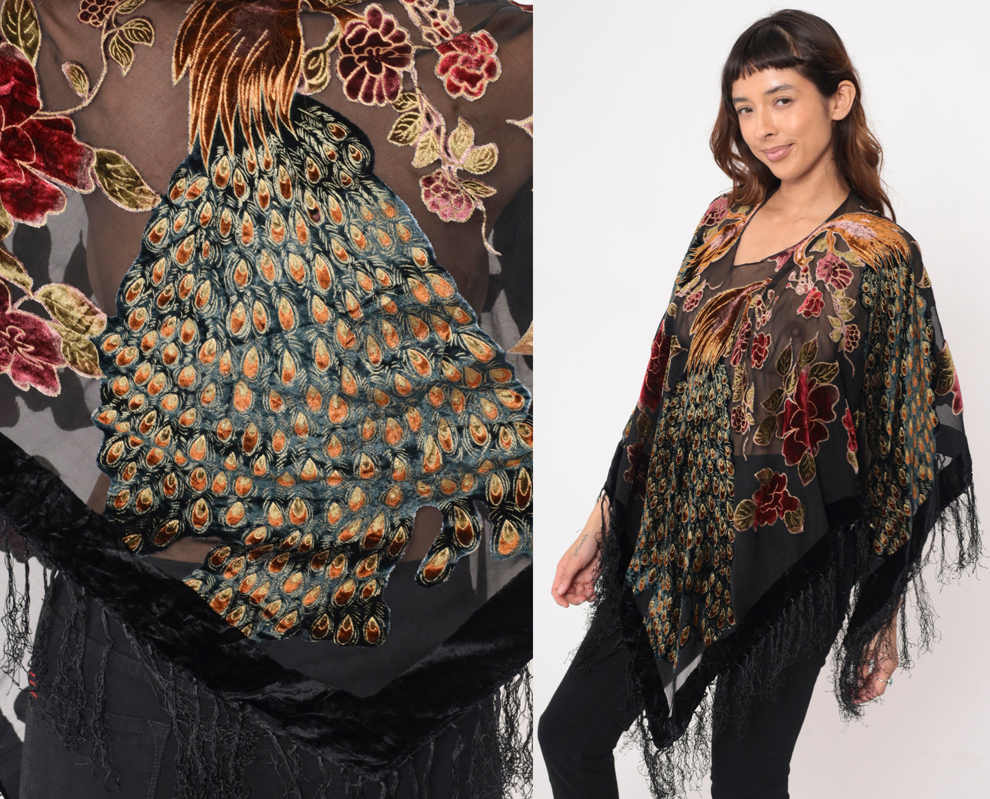 Silk Peacock Shawl Kimono Floral Embroidered Black Lace Fringe Sheer Open Front Velvet Bohemian Vintage Coverup Jacket Gold Large L