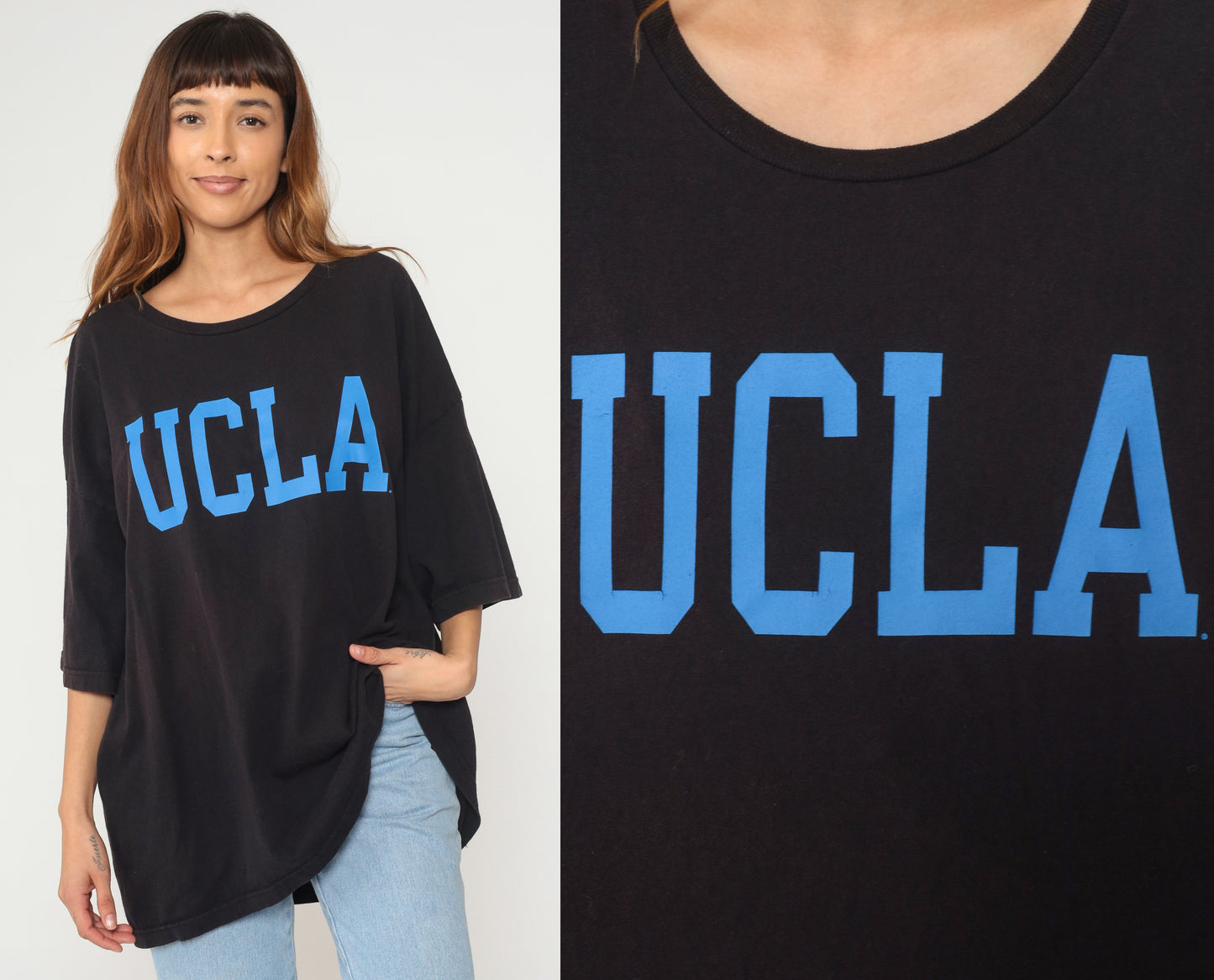 Black UCLA Shirt Y2K Plus Size Blue Cotton Graphic Shirt University College 3/4 Sleeve Vintage Streetwear Collegiate Extra Extra Large XXL