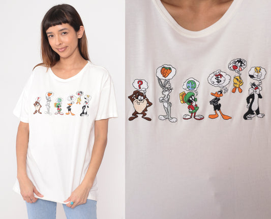 Y2K Looney Tunes Shirt White Cotton Tee Warner Bros Bugs Bunny Daffy Duck Pepe Le Pew Tasmanian Devil Marvin Martian Cartoon Graphic Vintage 2000s Studio Store Large L