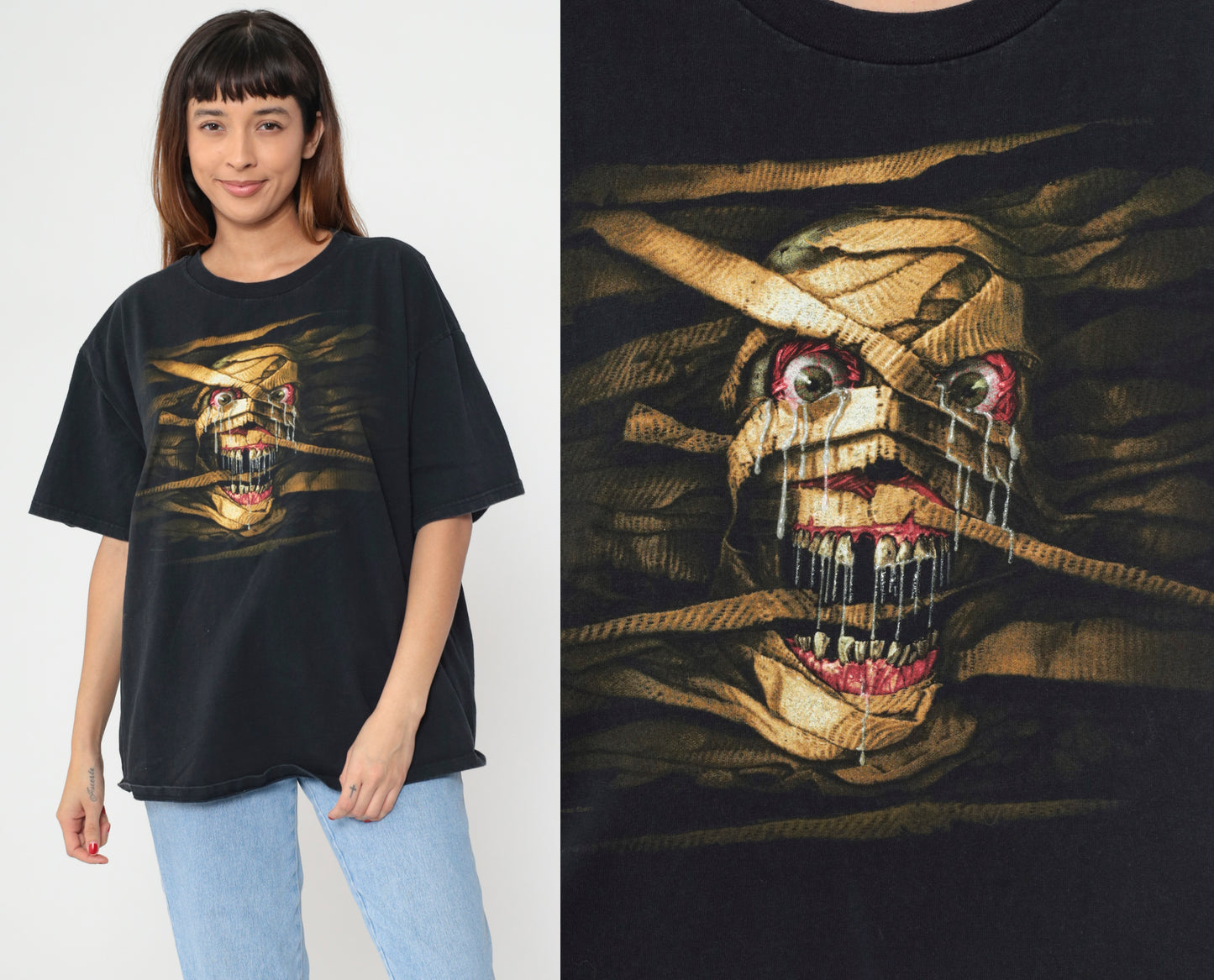 Halloween Horror Nights Tee Universal Studios 90s Graphic Black Mummy Skull Screen Print Cotton Short Sleeve 1999 Theme Park Extra Large XL